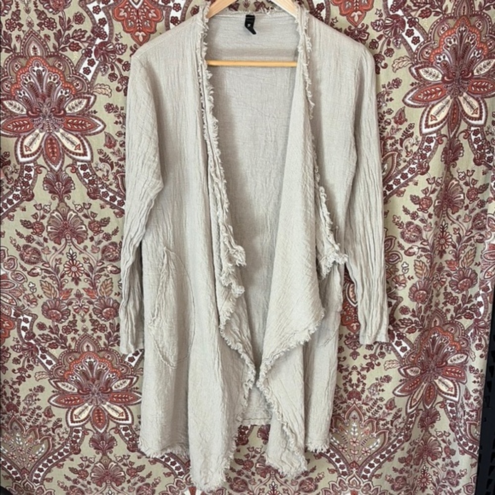 VENTI6 S linen long open cardigan with raw hem